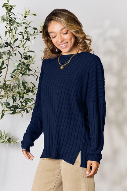 Basic Bae Full Size Ribbed Round Neck Slit Knit Top Carauana Store
