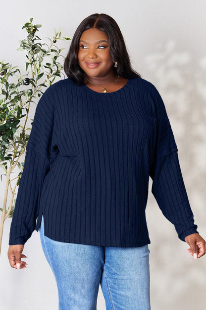 Basic Bae Full Size Ribbed Round Neck Slit Knit Top Carauana Store