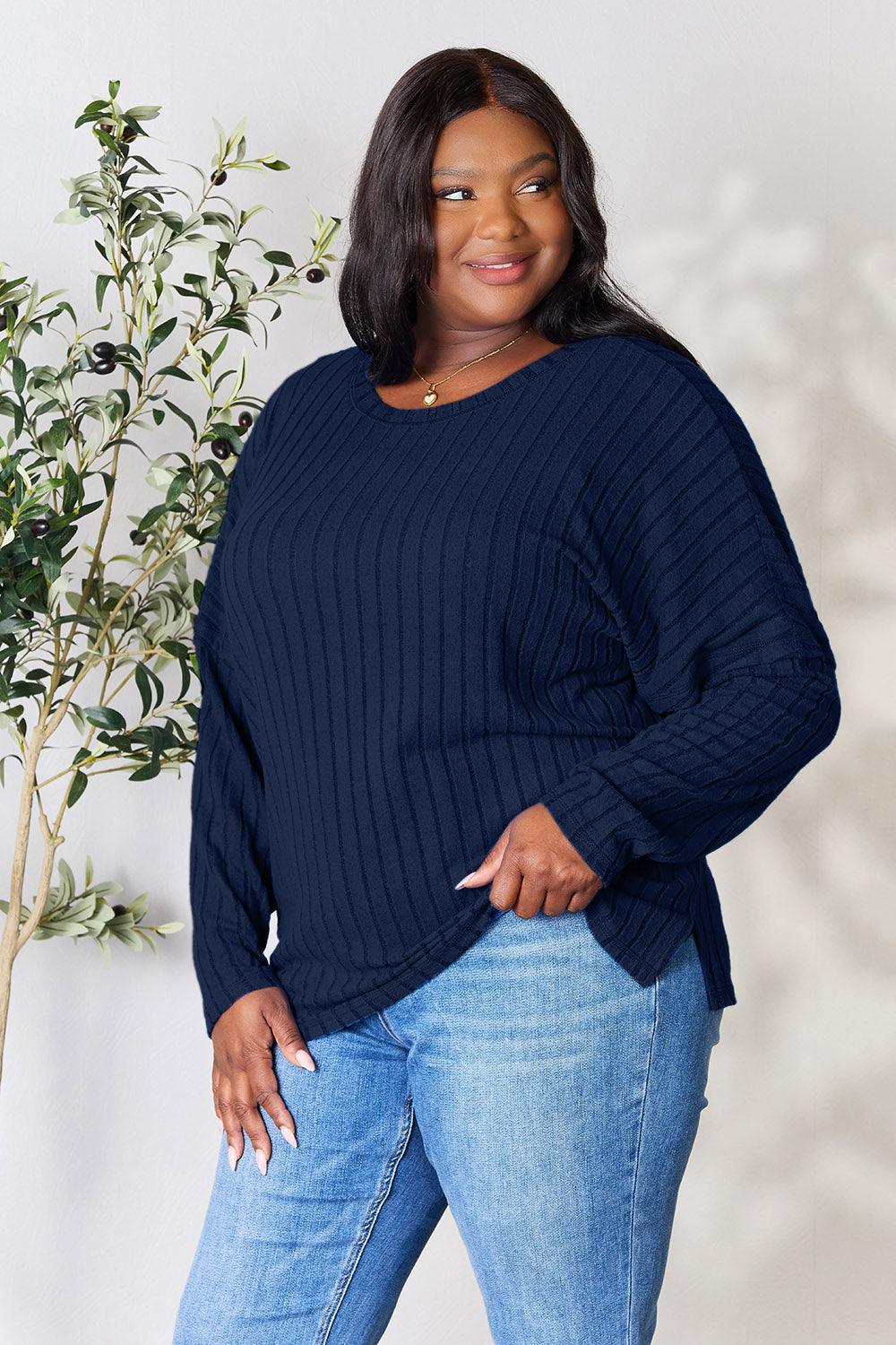 Basic Bae Full Size Ribbed Round Neck Slit Knit Top Carauana Store
