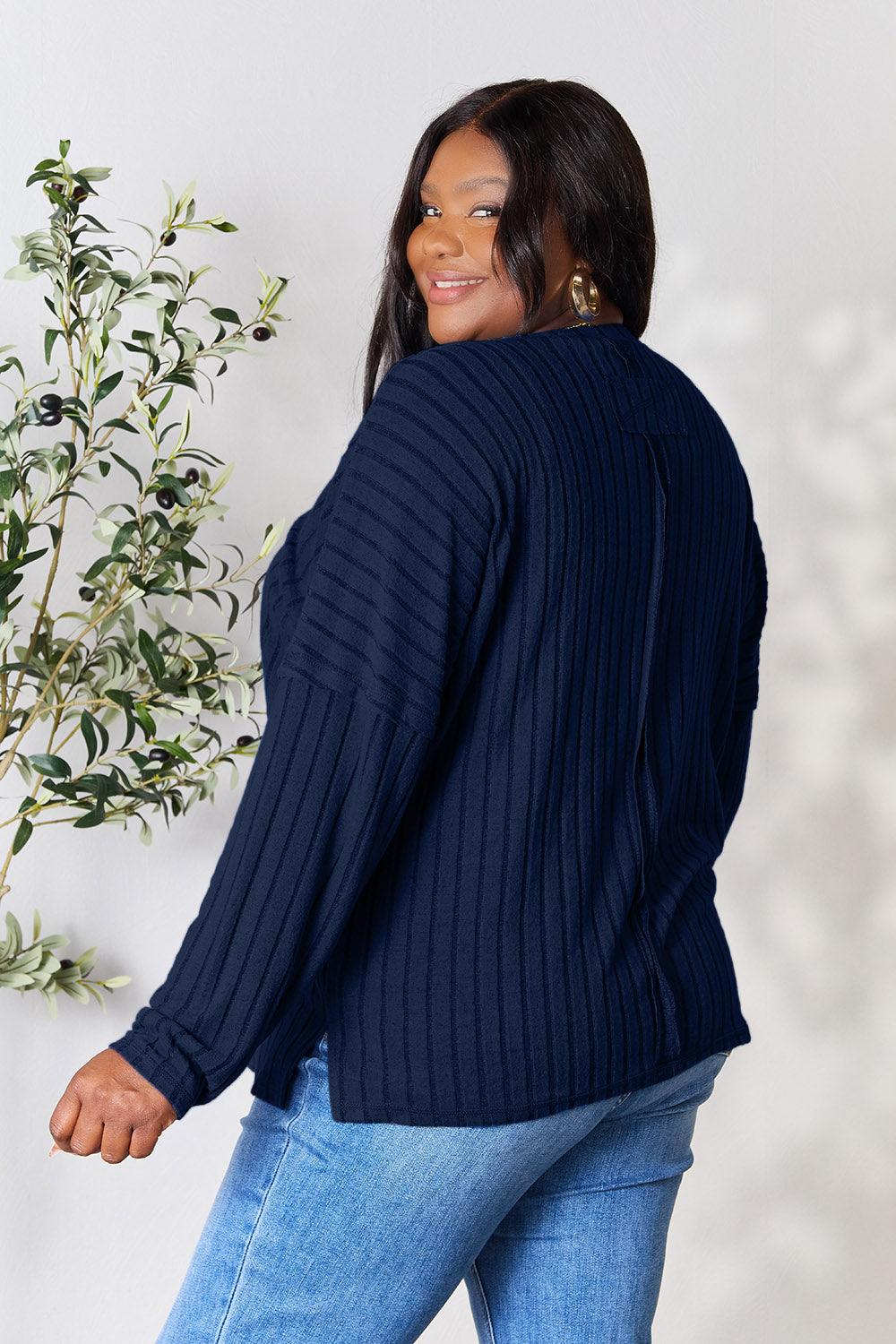 Basic Bae Full Size Ribbed Round Neck Slit Knit Top Carauana Store