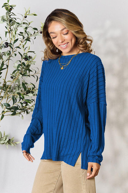 Basic Bae Full Size Ribbed Round Neck Slit Knit Top Carauana Store