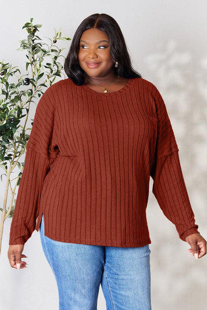 Basic Bae Full Size Ribbed Round Neck Slit Knit Top Carauana Store
