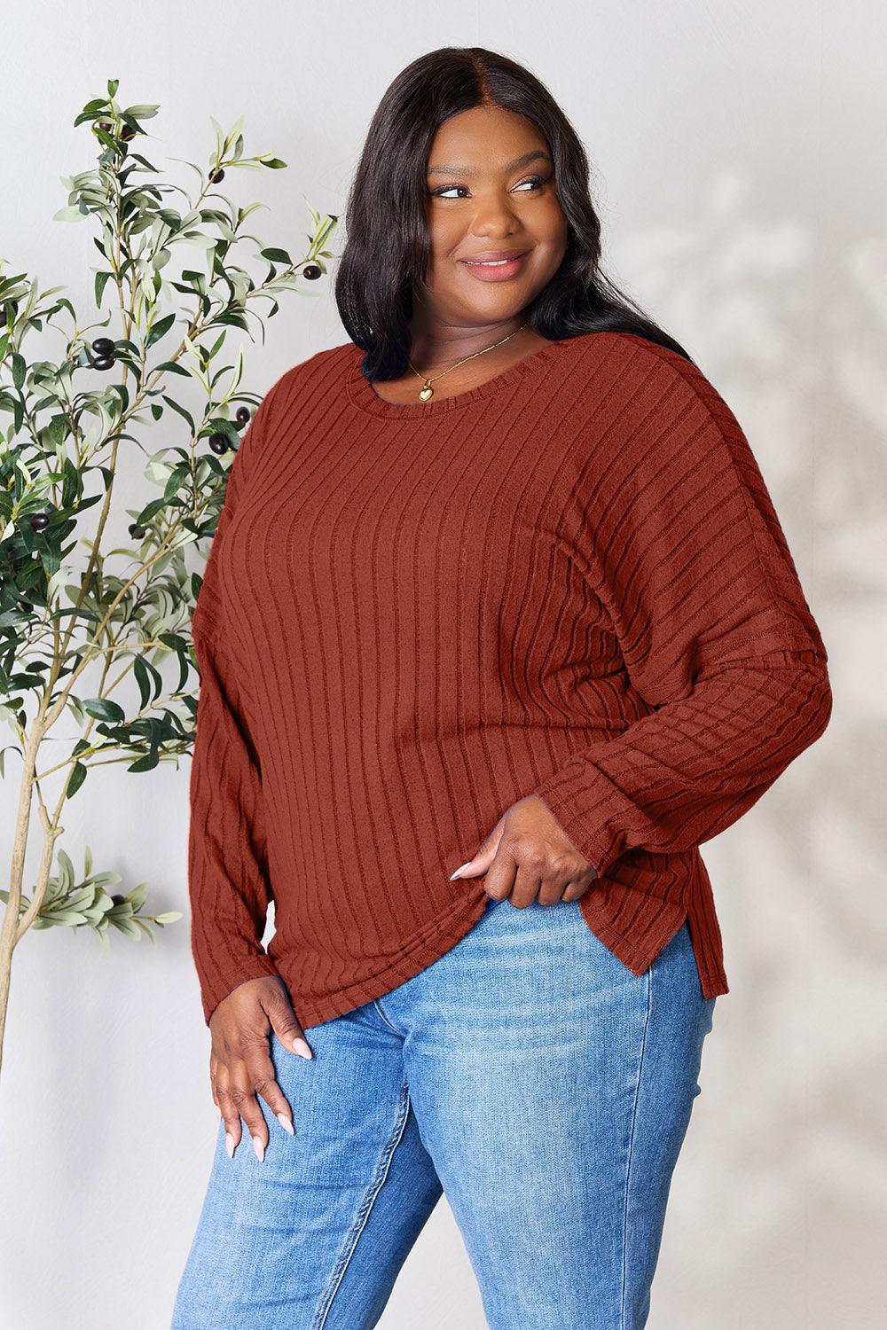 Basic Bae Full Size Ribbed Round Neck Slit Knit Top Carauana Store