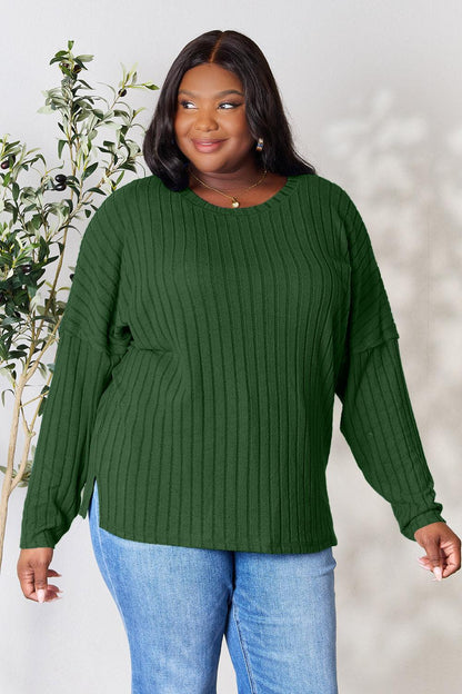 Basic Bae Full Size Ribbed Round Neck Slit Knit Top Carauana Store