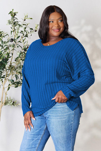 Basic Bae Full Size Ribbed Round Neck Slit Knit Top Carauana Store