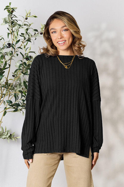 Basic Bae Full Size Ribbed Round Neck Slit Knit Top Carauana Store