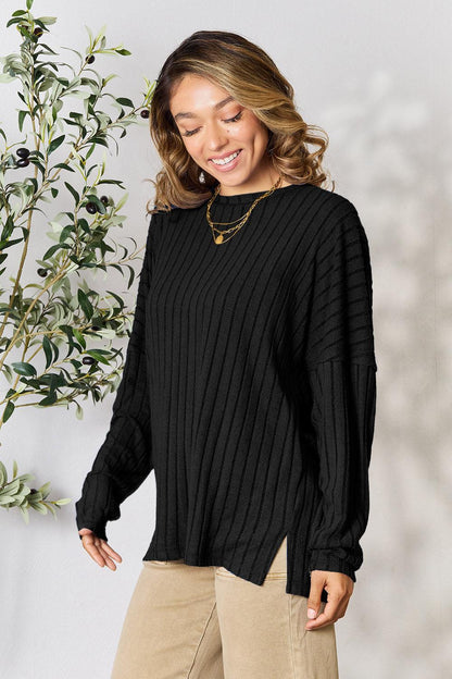 Basic Bae Full Size Ribbed Round Neck Slit Knit Top Carauana Store