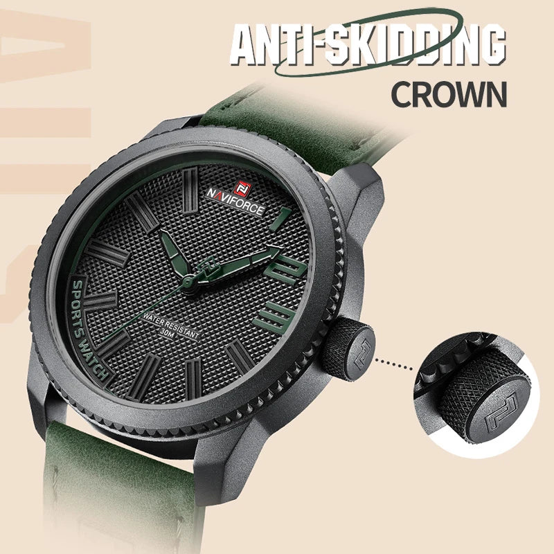 Black wristwatch with green strap and 'Anti-Skidding Crown' feature on beige background