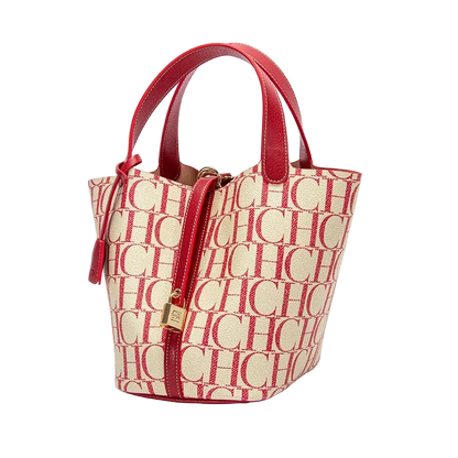 Red and beige handbag with a visible brand logo on a white background