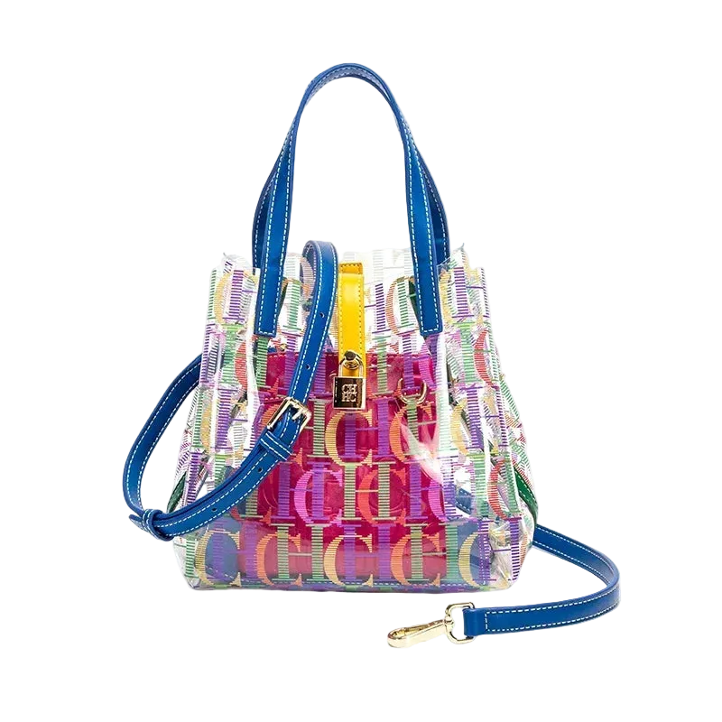 Multicolored handbag with blue straps
