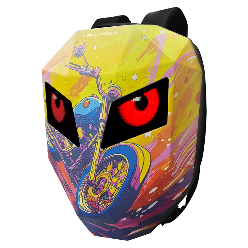 Colorful backpack with a motorcycle design and red eyes on a white background