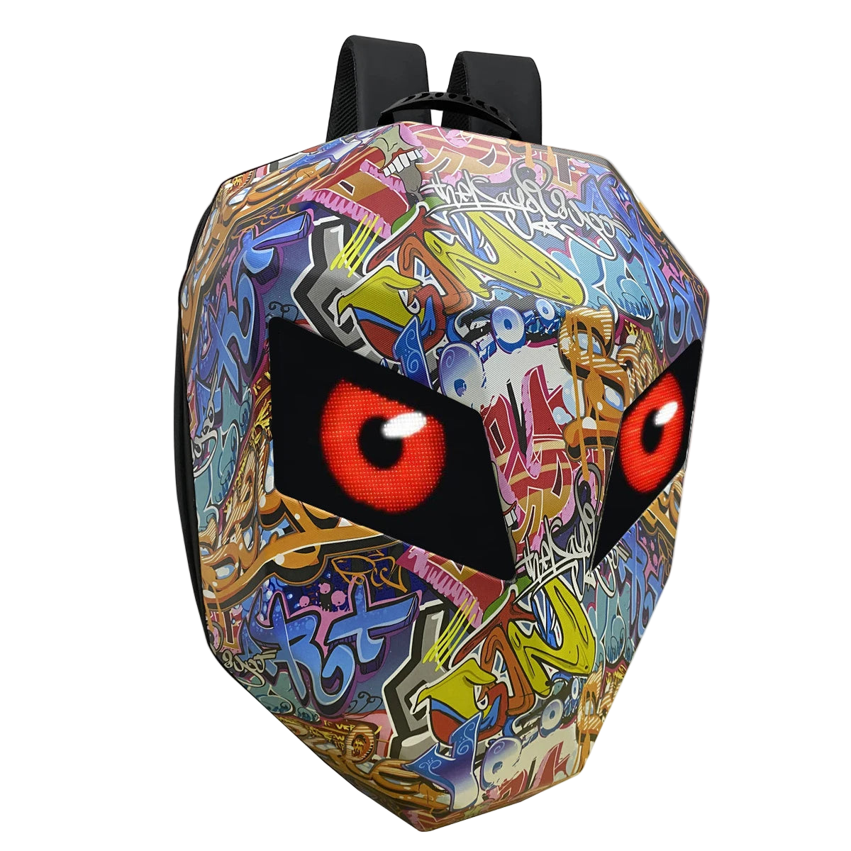 Colorful backpack with graffiti design and red eyes on a white background