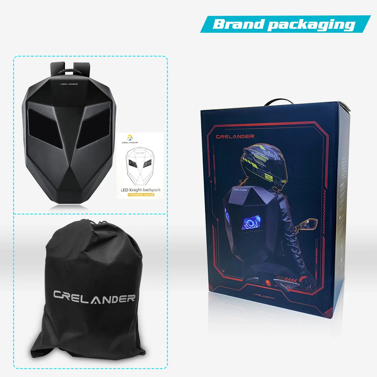 Crelander brand packaging including a helmet, packaging box, and drawstring bag on a white background.