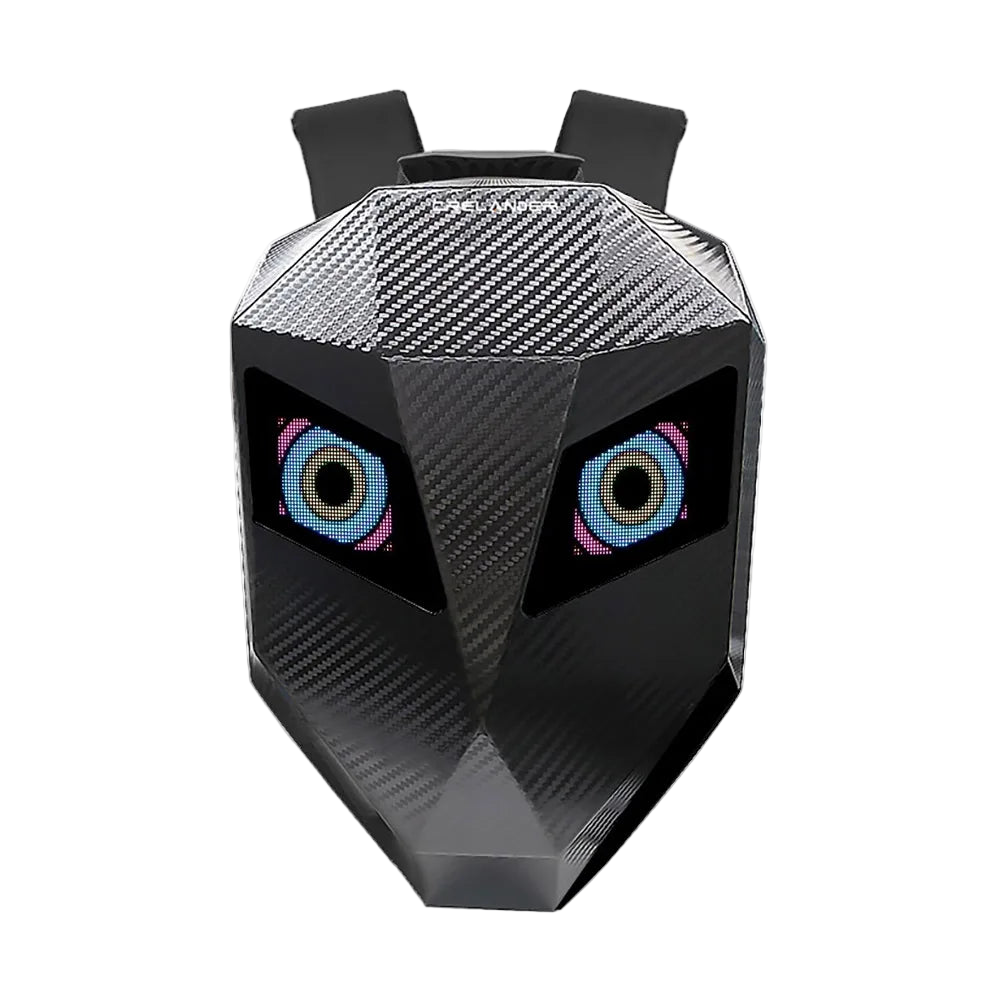 Backpack with a futuristic design and glowing eyes on a white background