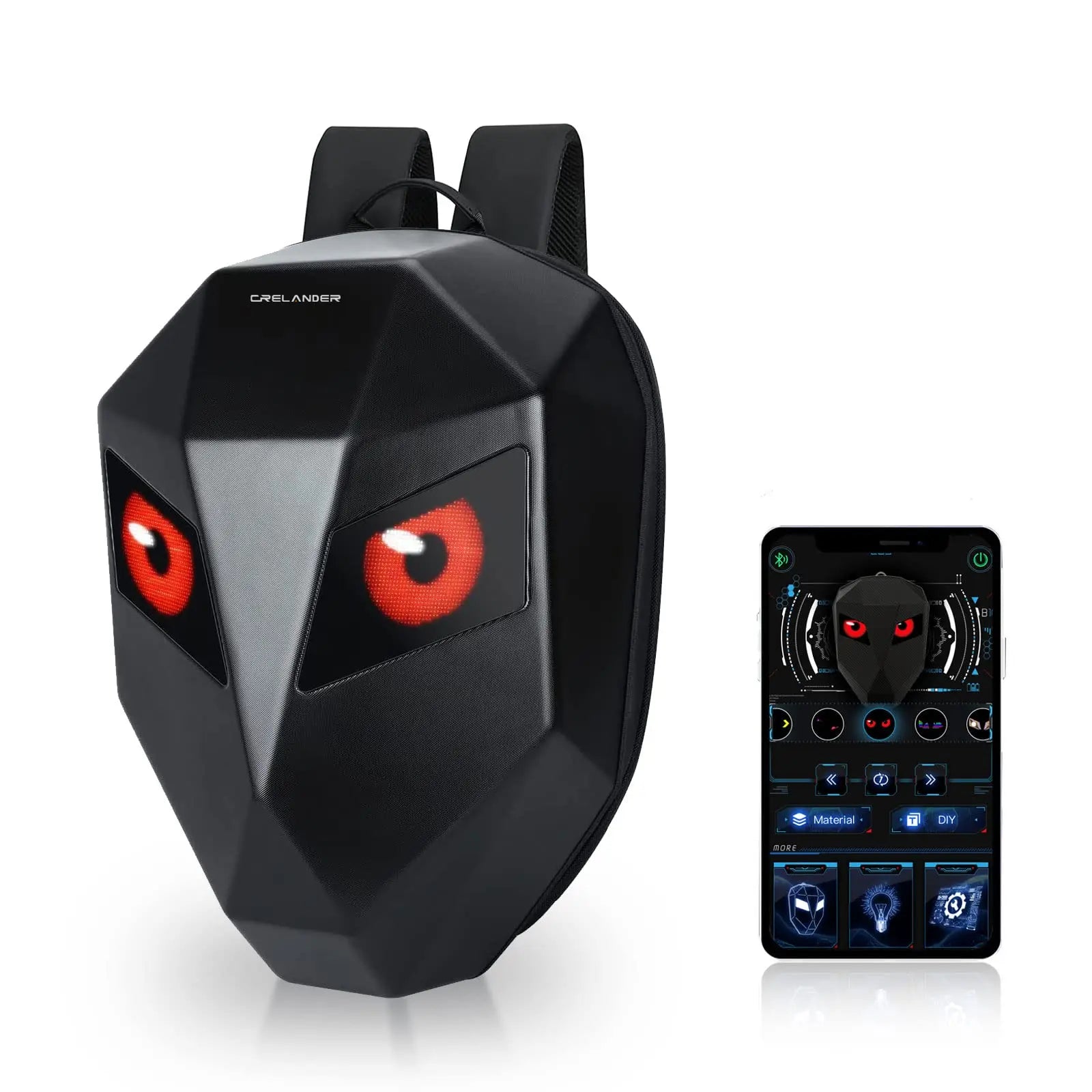 Black backpack with red eyes and a remote control device on a white background