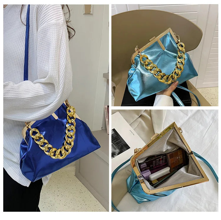 Collage of a blue Carauana UNIU Aurora Clutch with gold chain detail worn by a person, held open to show interior.