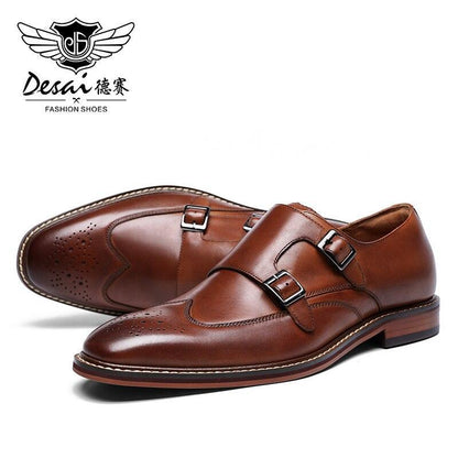 DESAI Monk Strap Slip on Genuine Leather Business Handmade Dress Brogue with Buckle Carauana Store