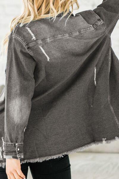Distressed Button Up Raw Hem Denim Jacket Carauana Store
