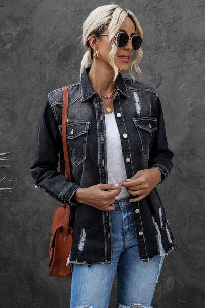 Distressed Button Up Raw Hem Denim Jacket Carauana Store