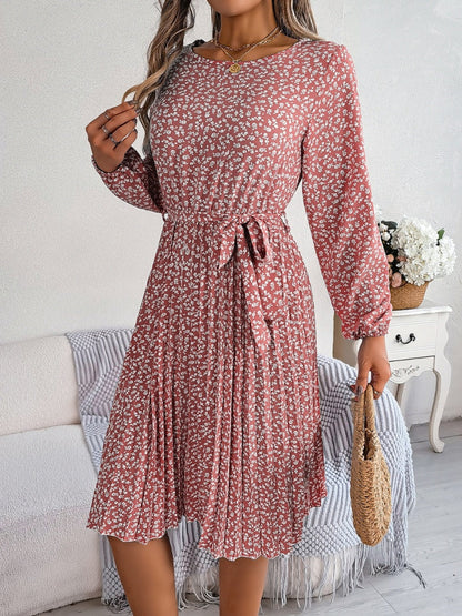 Ditsy Floral Tie Waist Pleated Dress Carauana Store