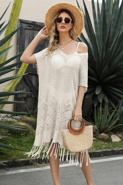 Double Take Eyelet Fringe Hem Longline Knit Cover Up Carauana Store