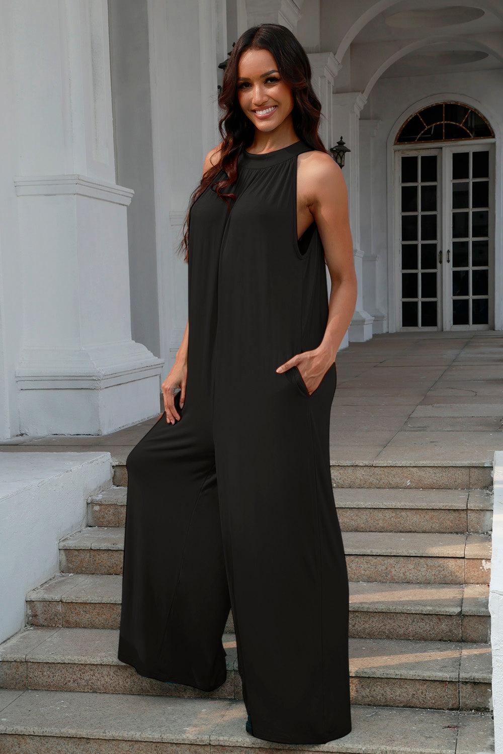 Double Take Full Size Tie Back Cutout Sleeveless Jumpsuit Carauana Store