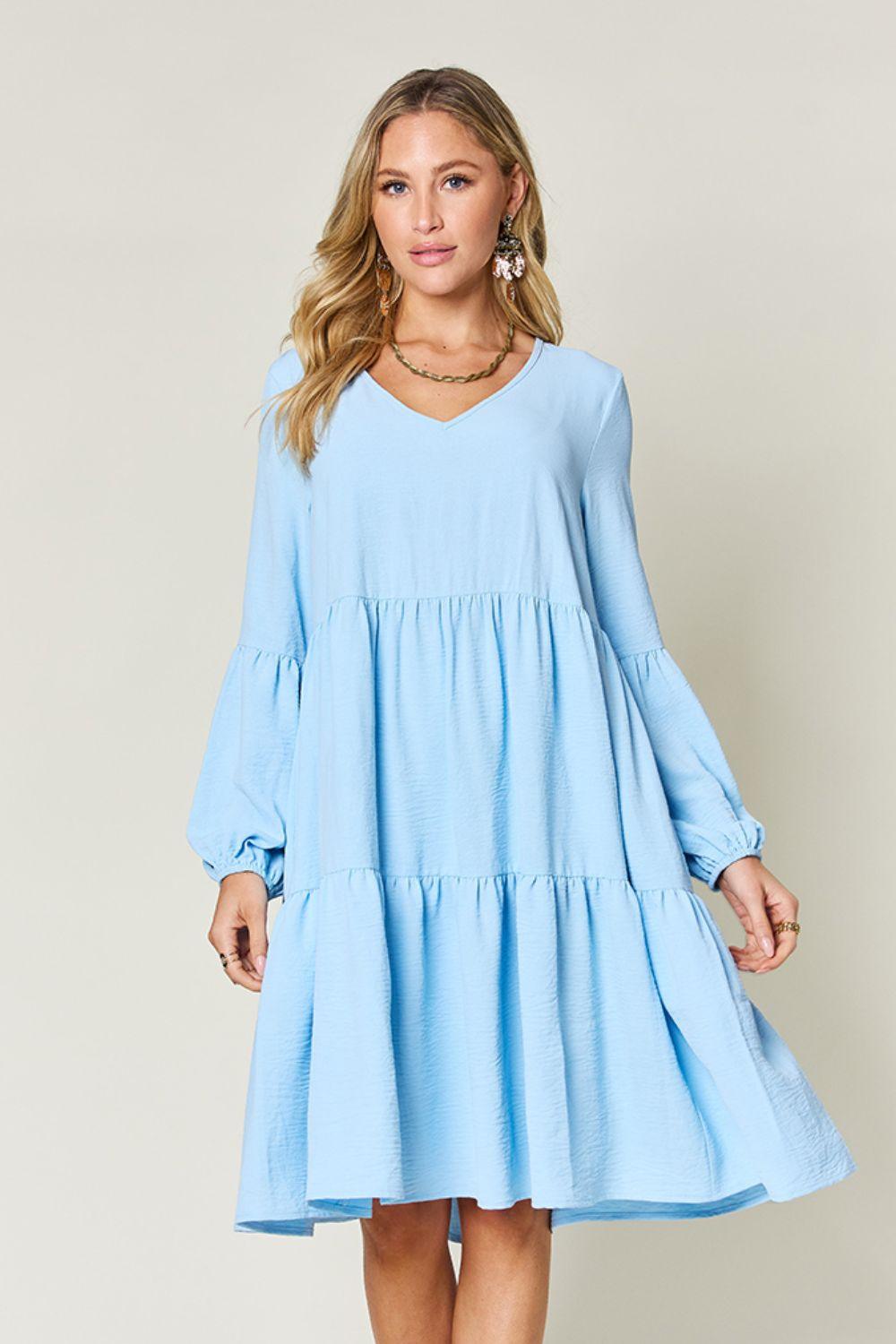 Double Take Full Size V-Neck Balloon Sleeve Tiered Dress Carauana Store