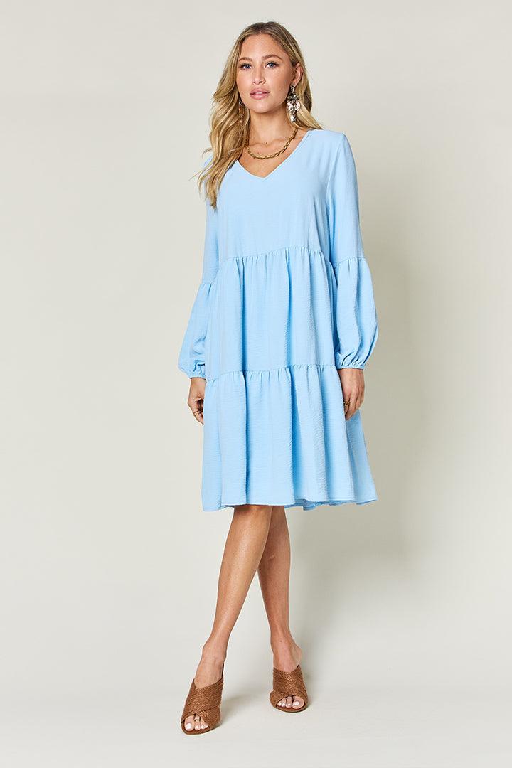 Double Take Full Size V-Neck Balloon Sleeve Tiered Dress Carauana Store