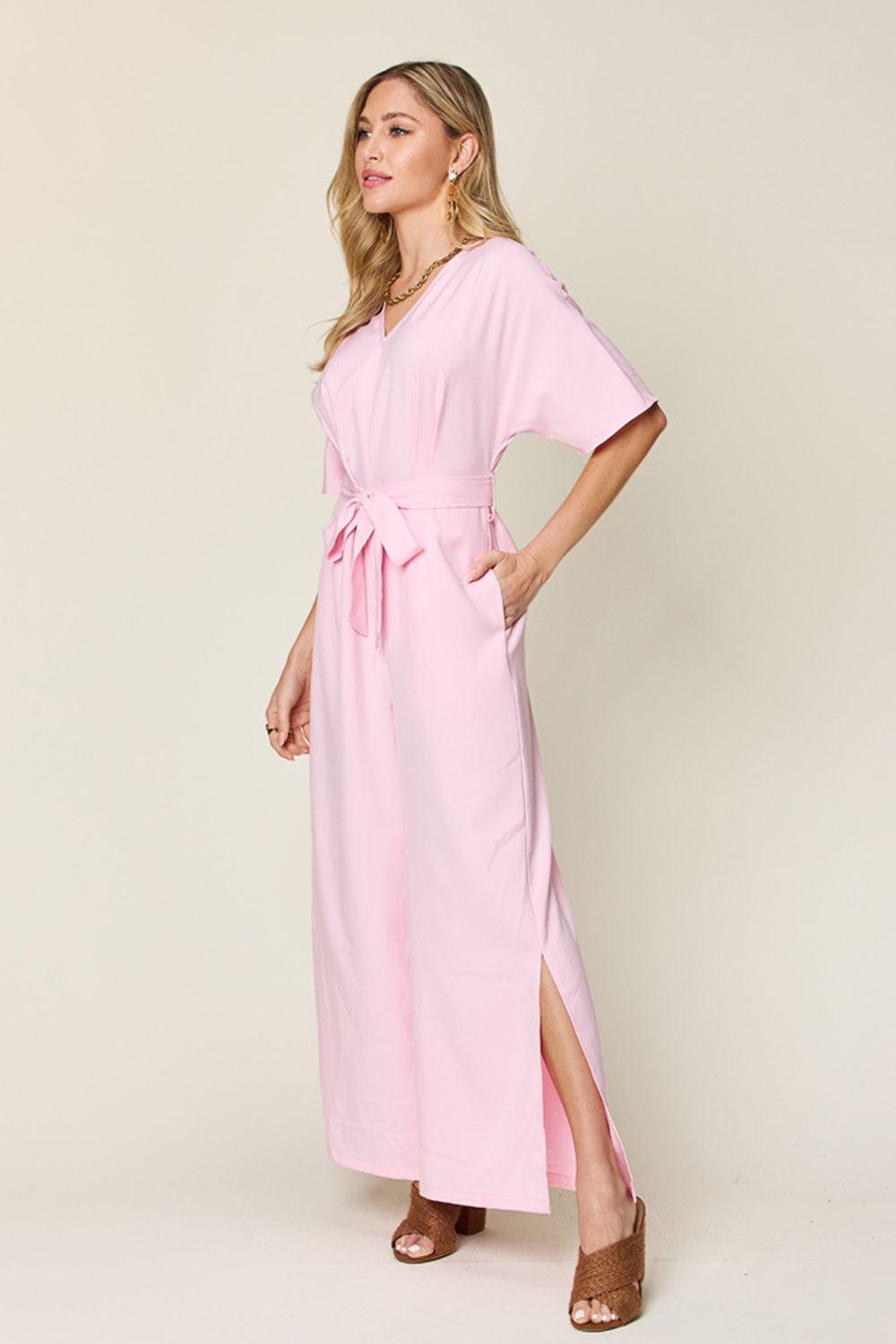 Double Take Full Size V-Neck Tie Front Short Sleeve Slit Jumpsuit Carauana Store