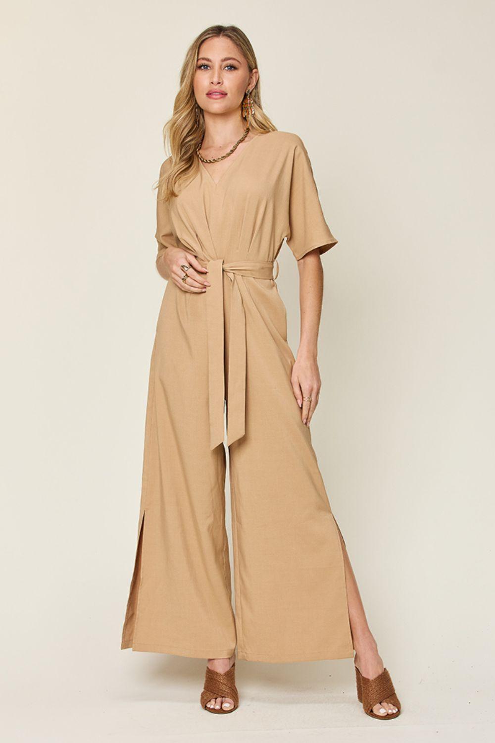 Double Take Full Size V-Neck Tie Front Short Sleeve Slit Jumpsuit Carauana Store