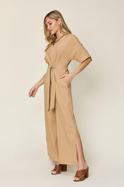 Double Take Full Size V-Neck Tie Front Short Sleeve Slit Jumpsuit Carauana Store