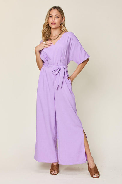 Double Take Full Size V-Neck Tie Front Short Sleeve Slit Jumpsuit Carauana Store