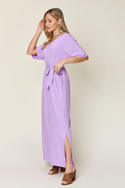 Double Take Full Size V-Neck Tie Front Short Sleeve Slit Jumpsuit Carauana Store