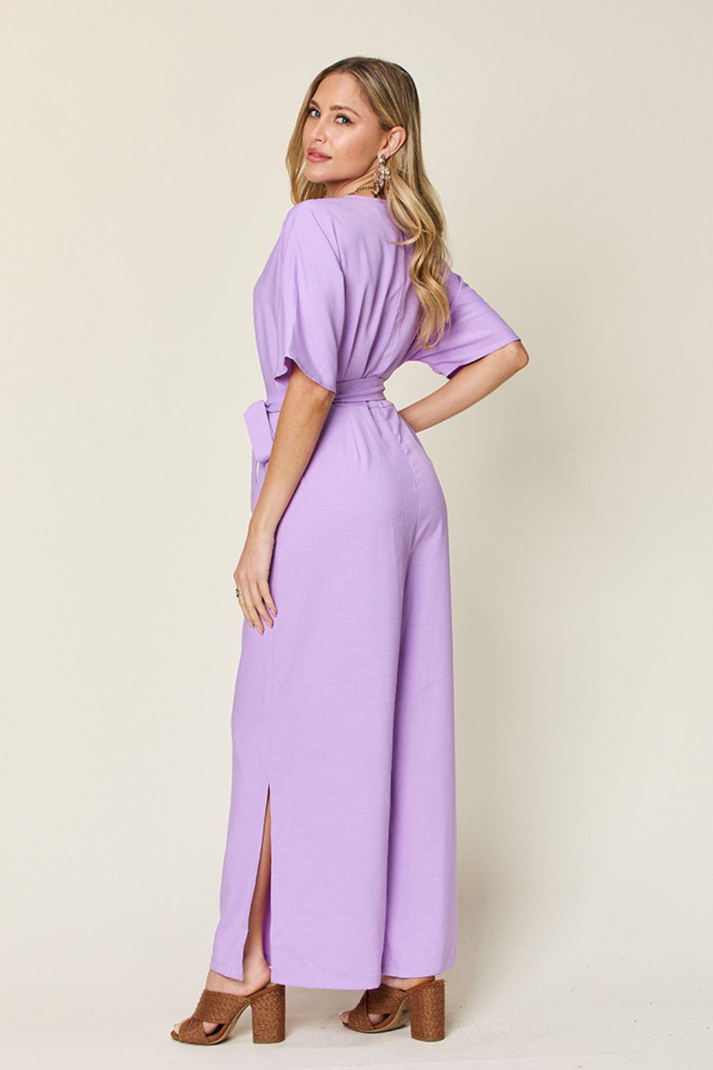 Double Take Full Size V-Neck Tie Front Short Sleeve Slit Jumpsuit Carauana Store