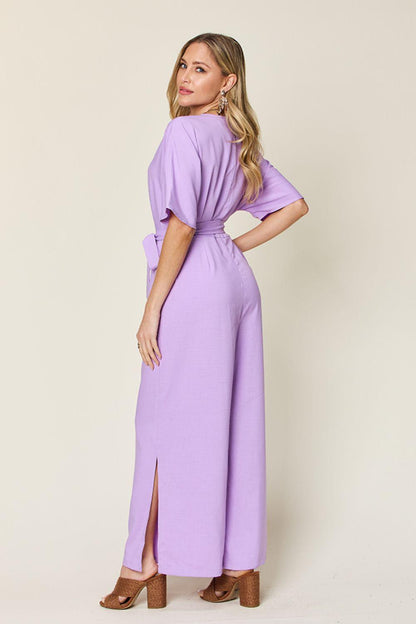 Double Take Full Size V-Neck Tie Front Short Sleeve Slit Jumpsuit Carauana Store