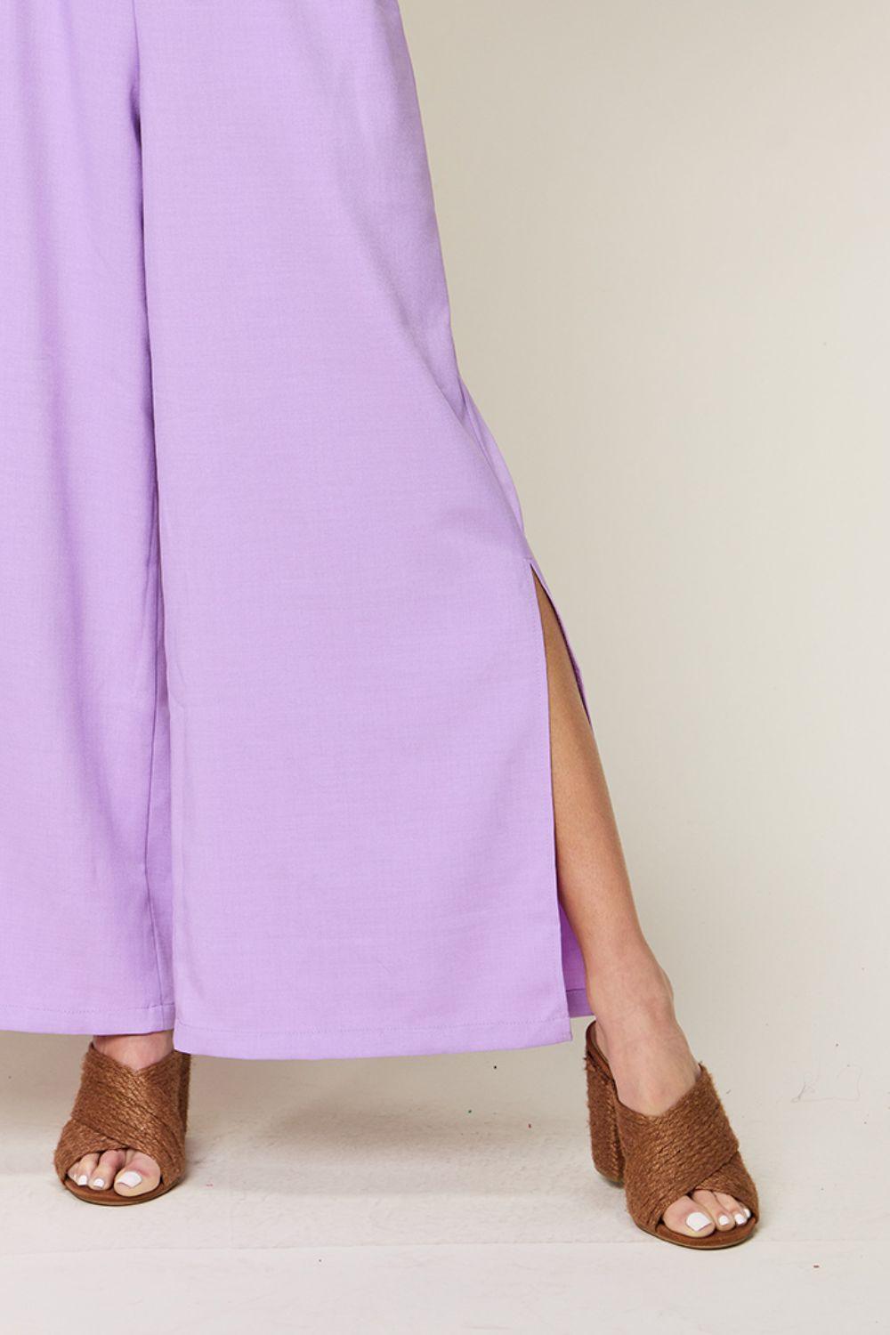 Double Take Full Size V-Neck Tie Front Short Sleeve Slit Jumpsuit Carauana Store