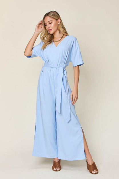 Double Take Full Size V-Neck Tie Front Short Sleeve Slit Jumpsuit Carauana Store