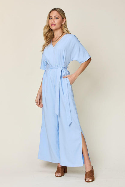 Double Take Full Size V-Neck Tie Front Short Sleeve Slit Jumpsuit Carauana Store