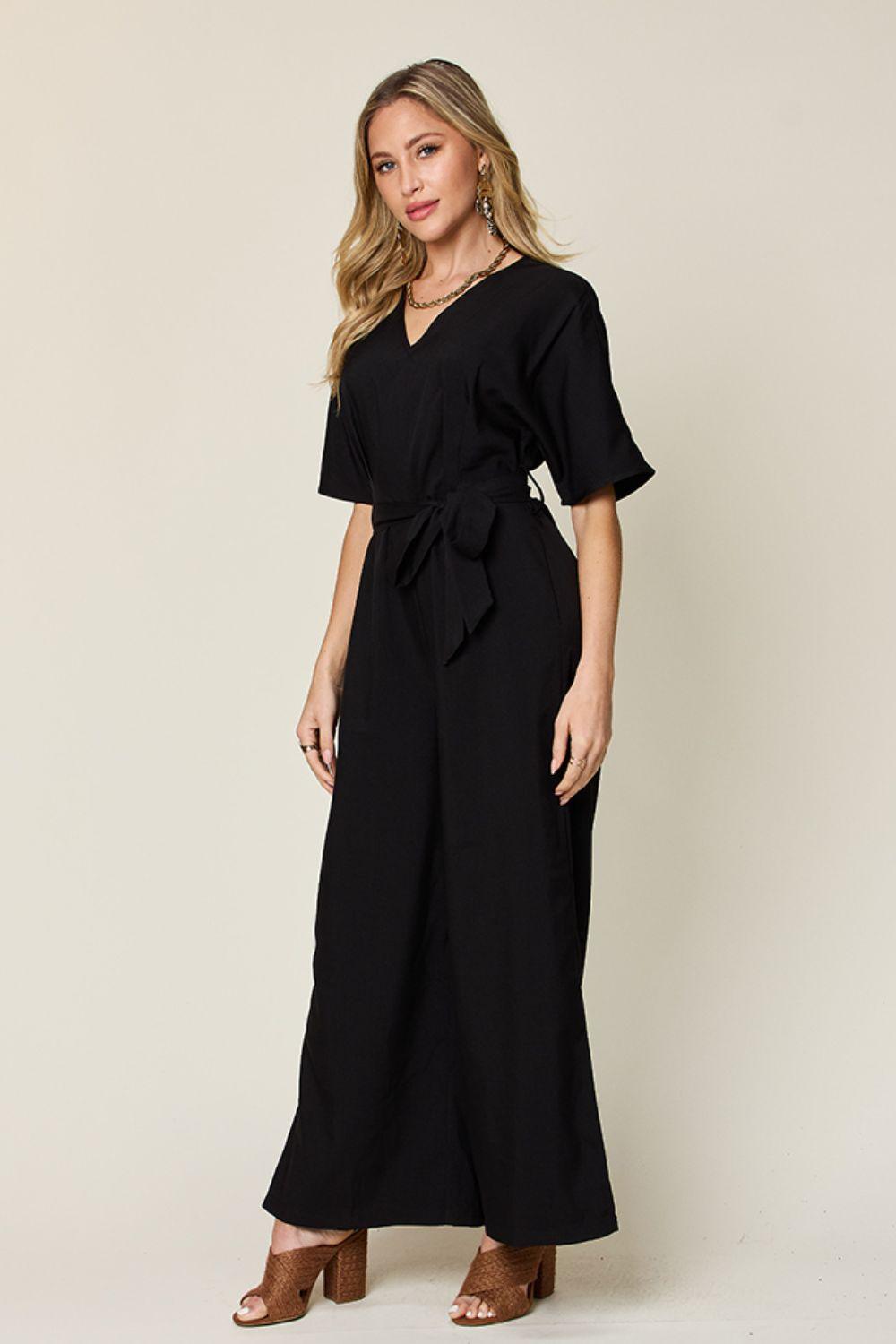Double Take Full Size V-Neck Tie Front Short Sleeve Slit Jumpsuit Carauana Store