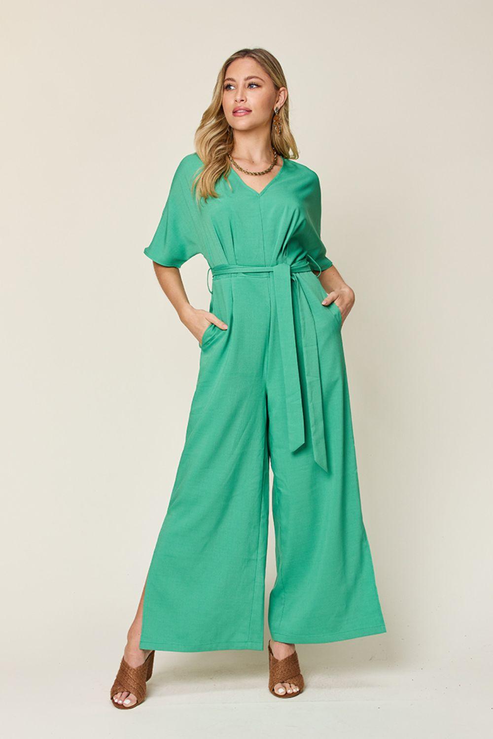 Double Take Full Size V-Neck Tie Front Short Sleeve Slit Jumpsuit Carauana Store