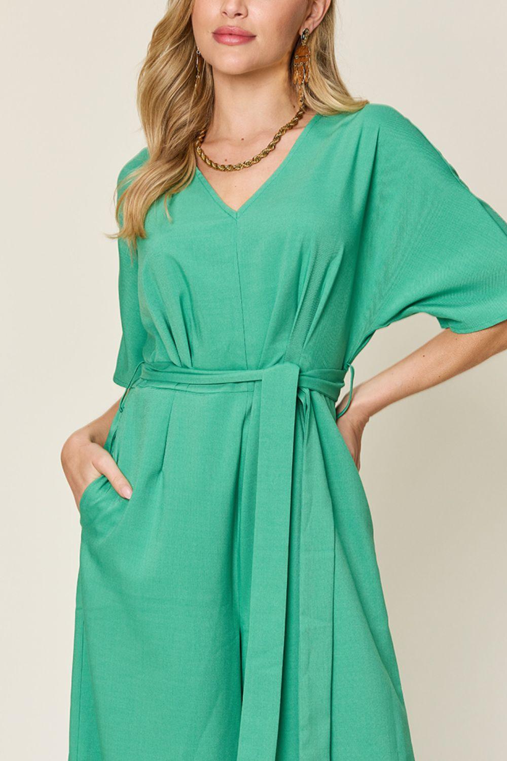 Double Take Full Size V-Neck Tie Front Short Sleeve Slit Jumpsuit Carauana Store