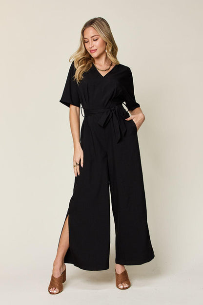 Double Take Full Size V-Neck Tie Front Short Sleeve Slit Jumpsuit Carauana Store