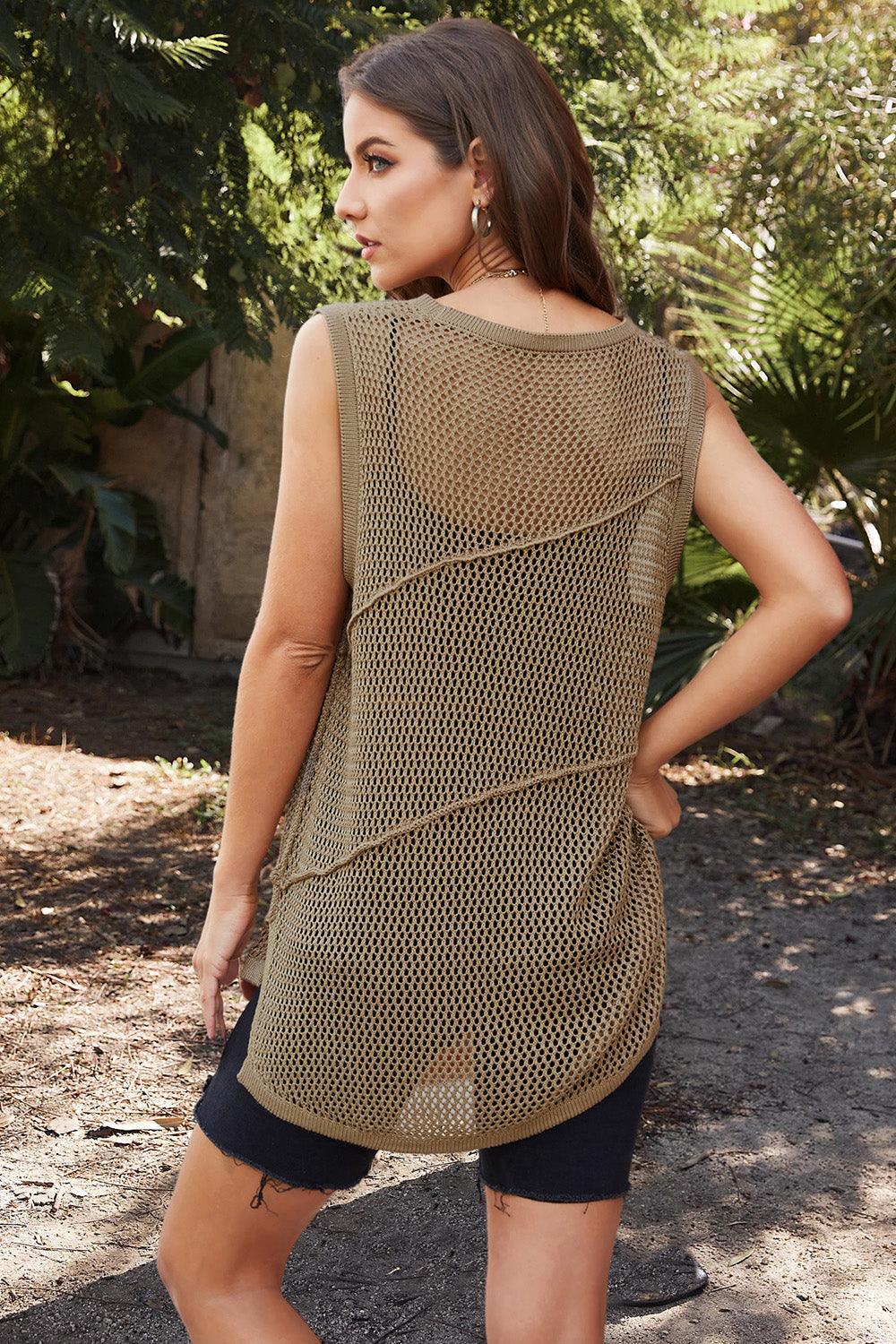 Double Take Openwork Sleeveless Slit Knit Cover Up Carauana Store