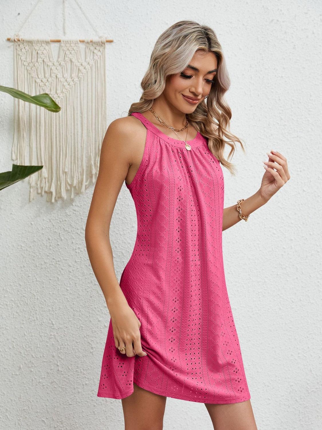 Eyelet Grecian Neck Mini Dress Carauana Store