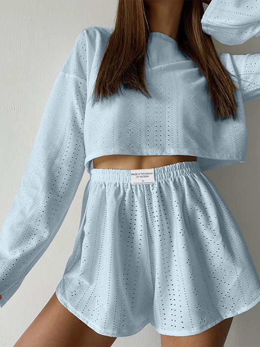 Eyelet Round Neck Top and Shorts Set Carauana Store