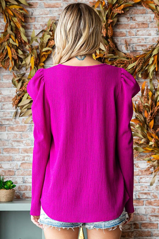 First Love Texture Puff Sleeve Round Neck Blouse Carauana Store