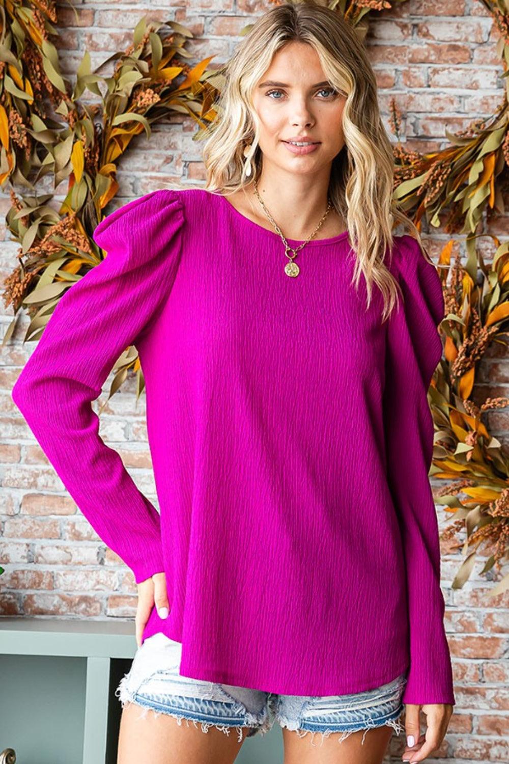 First Love Texture Puff Sleeve Round Neck Blouse Carauana Store