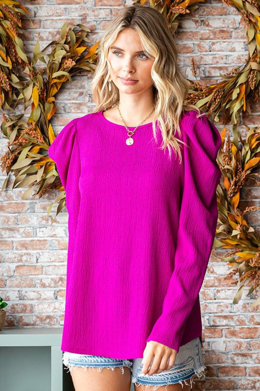 First Love Texture Puff Sleeve Round Neck Blouse Carauana Store