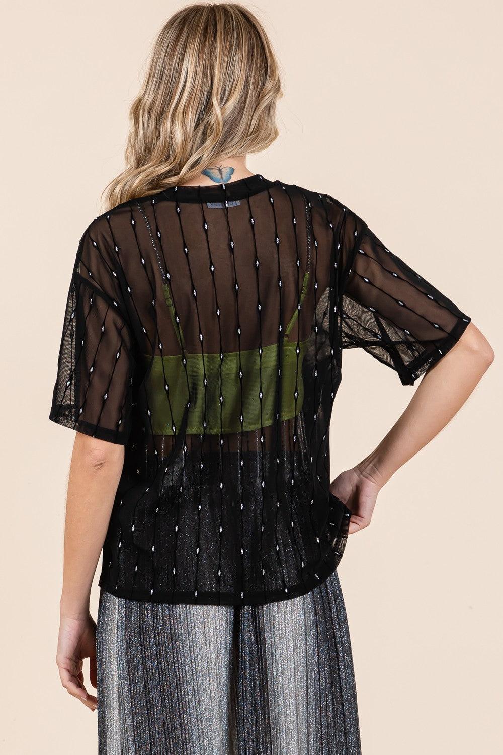 GeeGee Round Neck Drop Shoulder Mesh Glitter Top Carauana Store