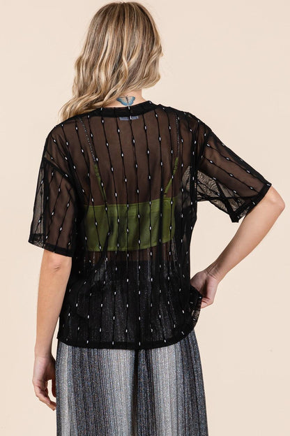 GeeGee Round Neck Drop Shoulder Mesh Glitter Top Carauana Store